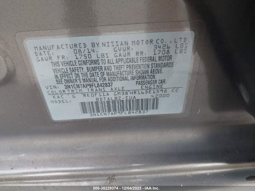 2015 Nissan Versa S/S Plus/Sl/Sv VIN: 3N1CN7AP9FL842837 Lot: 38229374