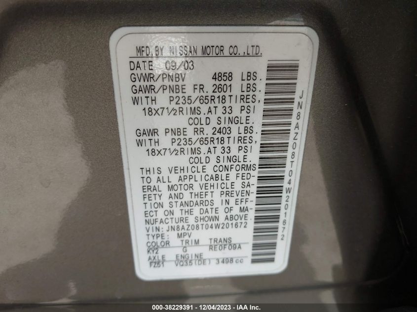 2004 Nissan Murano Sl VIN: JN8AZ08T04W201672 Lot: 38229391