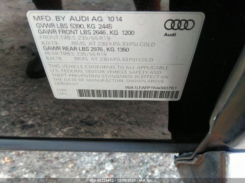 2015 Audi Q5 2.0T Premium VIN: WA1LFAFP1FA060761 Lot: 38229482