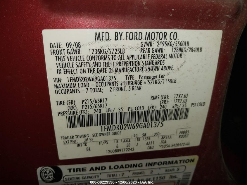 2009 Ford Taurus X Sel VIN: 1FMDK02W69GA01375 Lot: 38229590