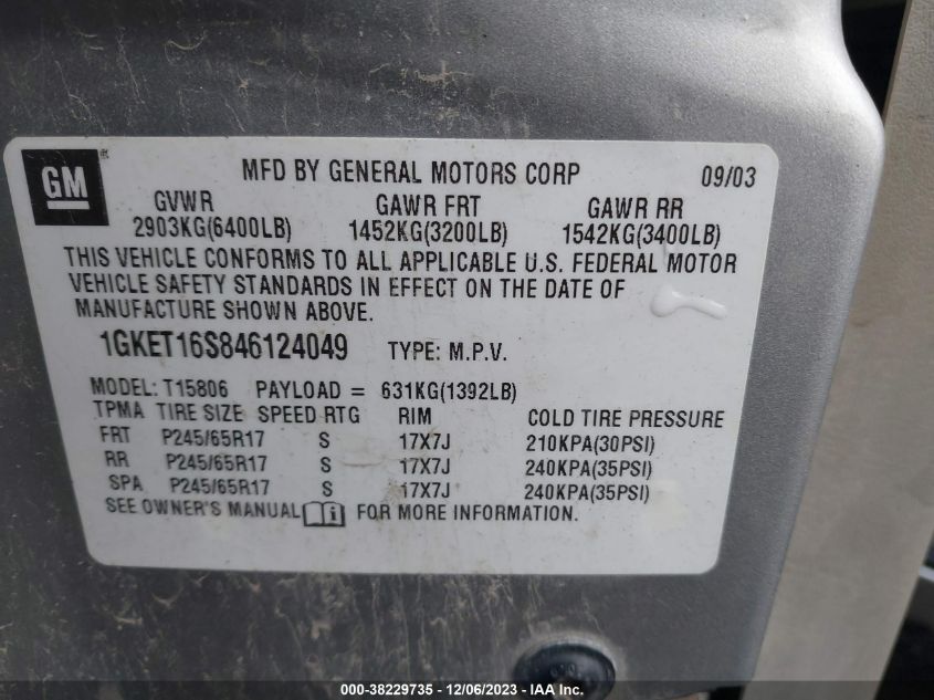 2004 GMC Envoy Xl Sle VIN: 1GKET16S846124049 Lot: 38229735