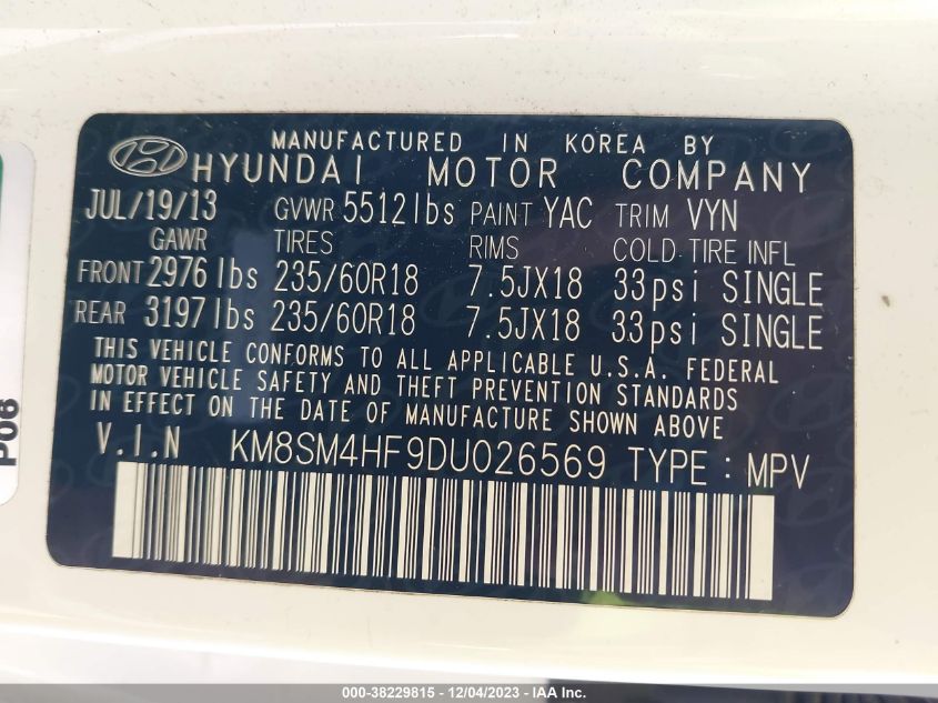 2013 Hyundai Santa Fe Gls VIN: KM8SM4HF9DU026569 Lot: 38229815