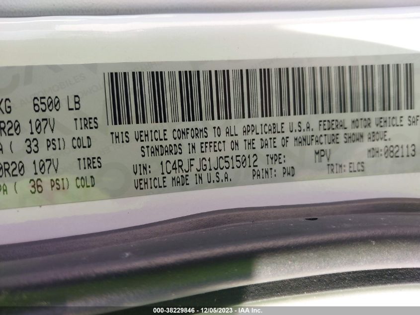2018 Jeep Grand Cherokee Summit 4X4 VIN: 1C4RJFJG1JC515012 Lot: 38229846