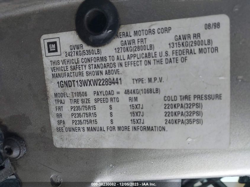 1998 Chevrolet Blazer Ls Cmi VIN: 1GNDT13WXW2289441 Lot: 38230082