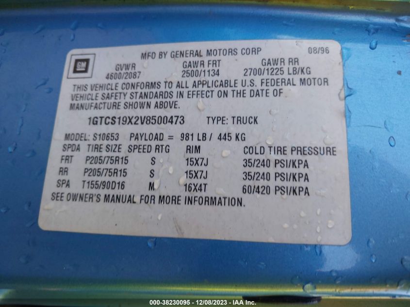 1997 GMC Sonoma Sls VIN: 1GTCS19X2V8500473 Lot: 38230095