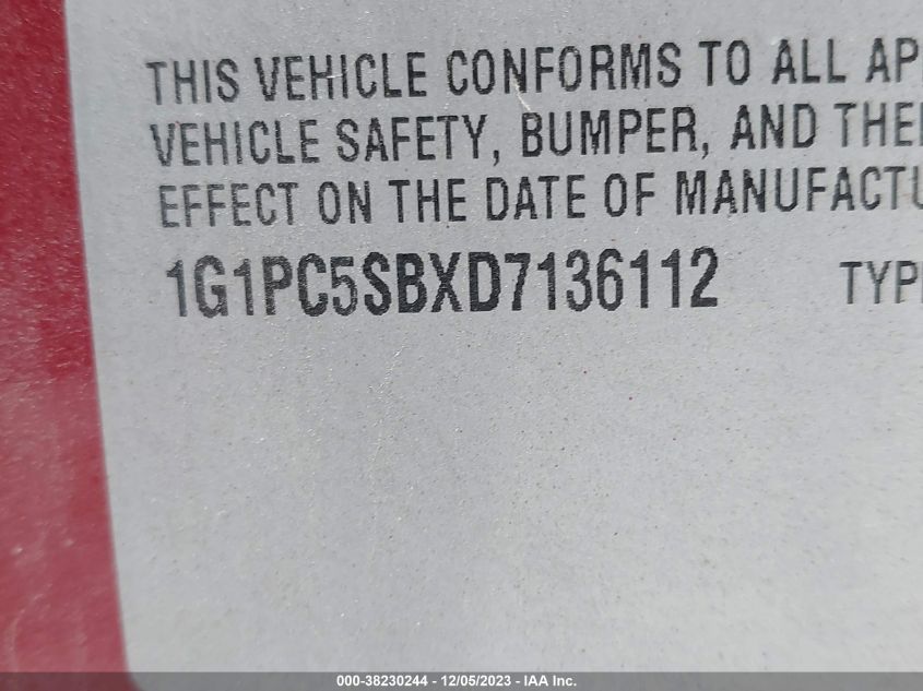 2013 Chevrolet Cruze 1Lt VIN: 1G1PC5SBXD7136112 Lot: 38230244