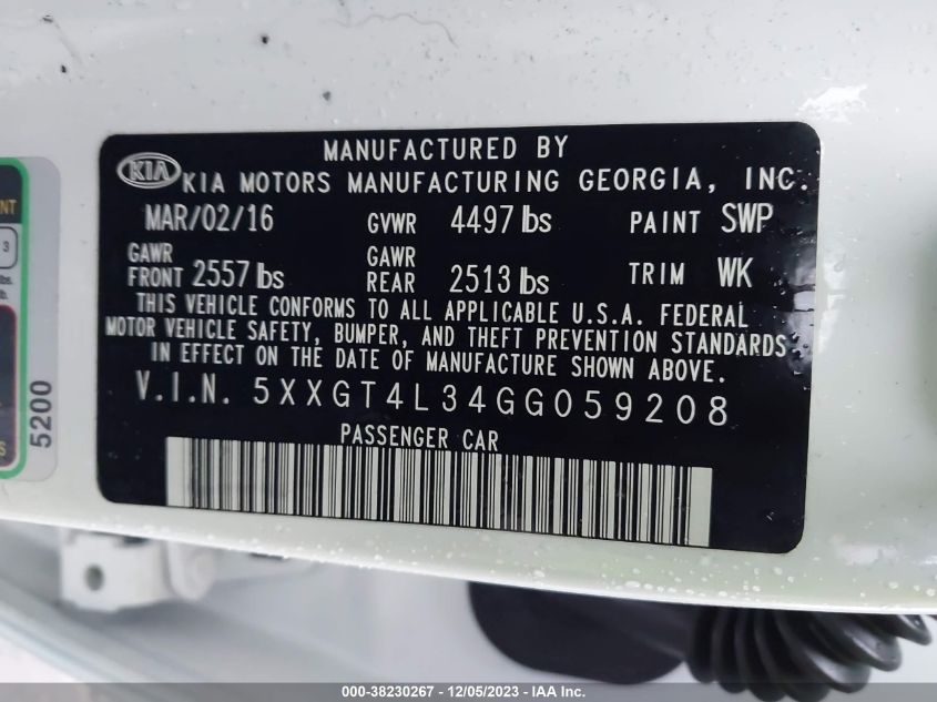 2016 Kia Optima Lx VIN: 5XXGT4L34GG059208 Lot: 38230267