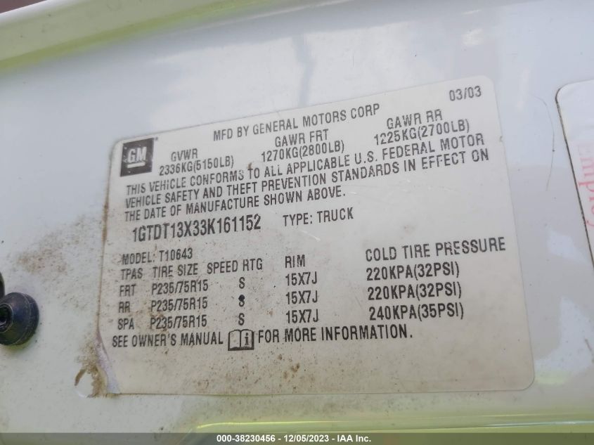 2003 GMC Sonoma Sls VIN: 1GTDT13X33K161152 Lot: 38230456