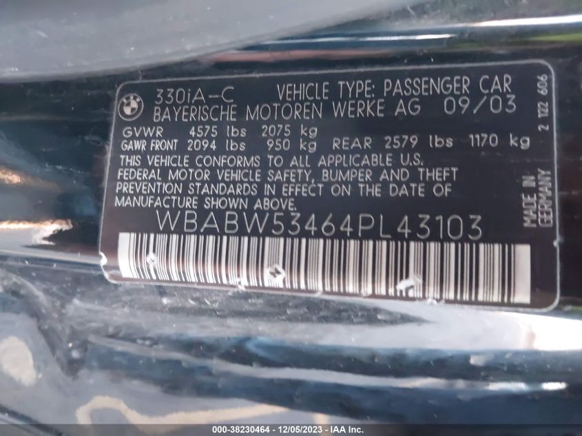 2004 BMW 330Ci VIN: WBABW53464PL43103 Lot: 38230464