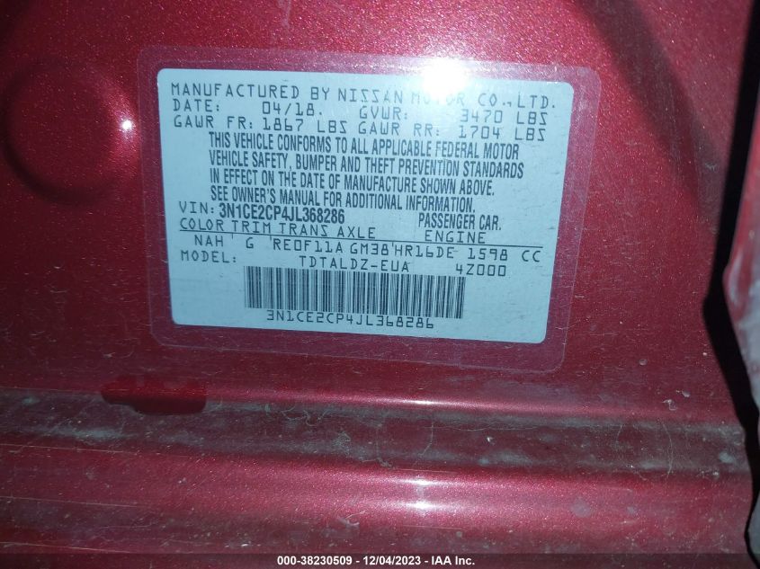 3N1CE2CP4JL368286 2018 Nissan Versa Note Sv