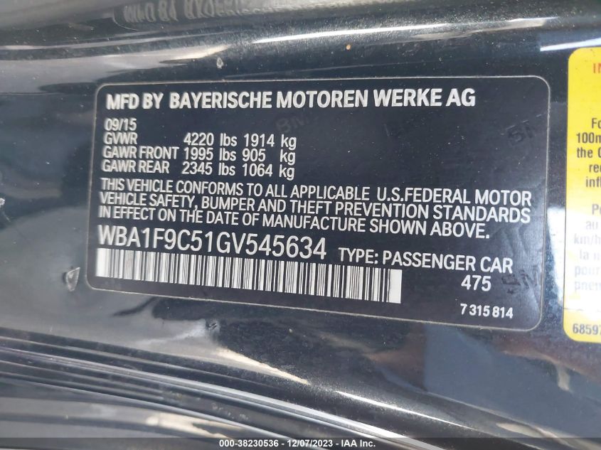 2016 BMW 228I VIN: WBA1F9C51GV545634 Lot: 38230536