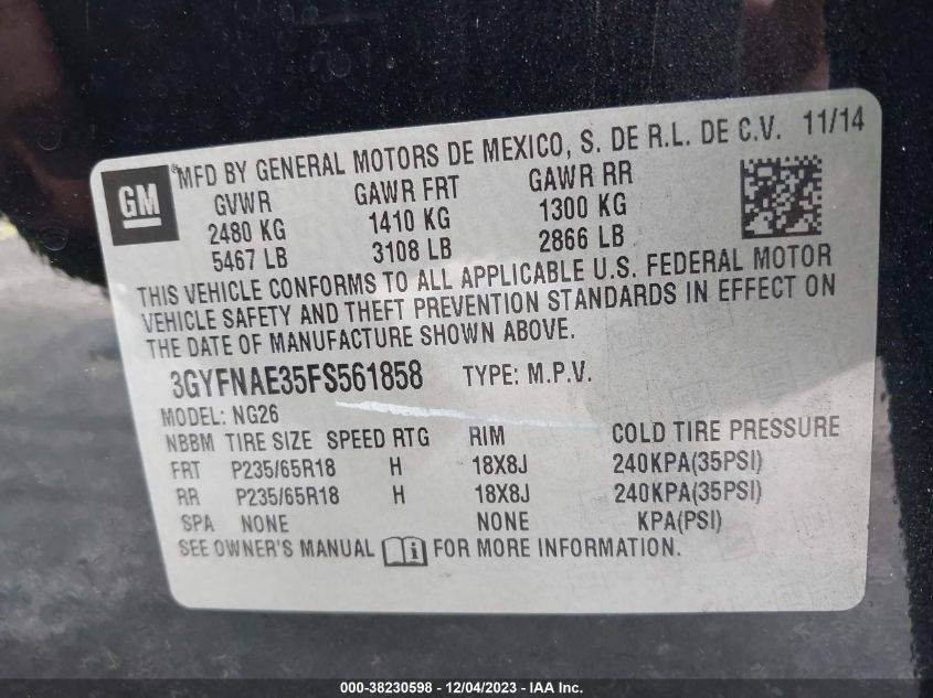 2015 Cadillac Srx Standard VIN: 3GYFNAE35FS561858 Lot: 38230598