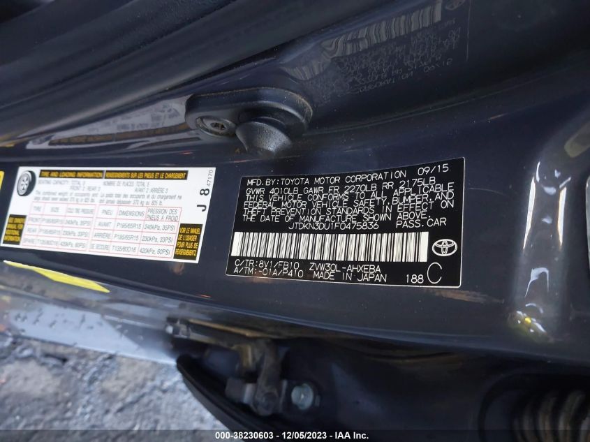 2015 Toyota Prius Three VIN: JTDKN3DU1F0475836 Lot: 38230603