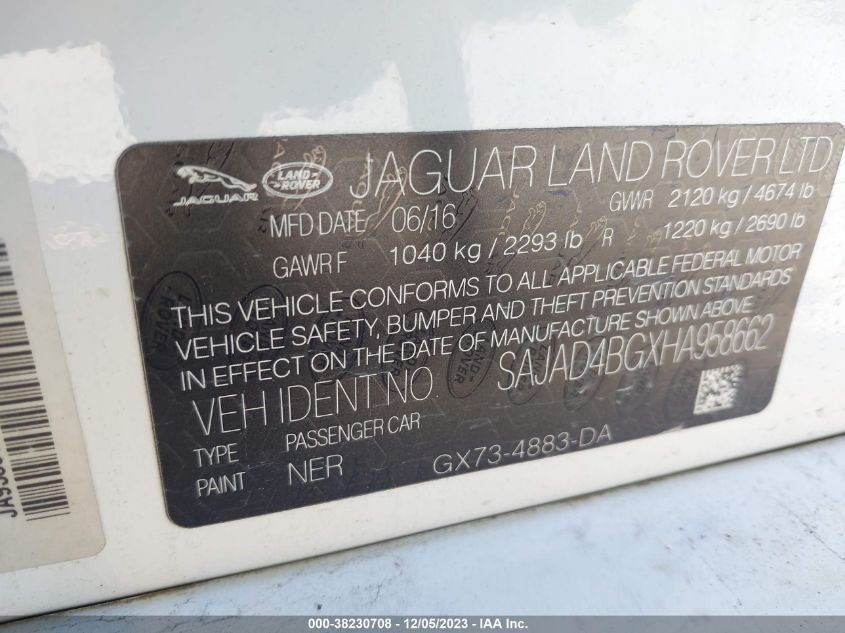 2017 Jaguar Xe 25T Premium VIN: SAJAD4BGXHA958662 Lot: 38230708