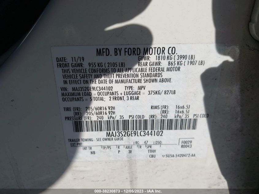 2020 Ford Ecosport Se VIN: MAJ3S2GE9LC344102 Lot: 38230873