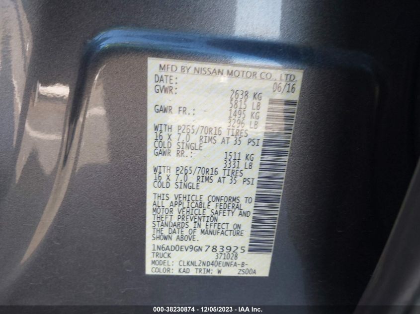 2016 Nissan Frontier Sv VIN: 1N6AD0EV9GN783925 Lot: 38230874