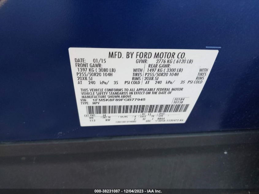 2015 Ford Explorer Limited VIN: 1FM5K8F89FGB77945 Lot: 38231087