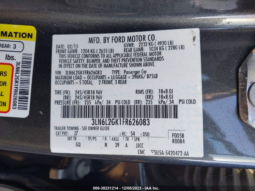 2015 Lincoln Mkz VIN: 3LN6L2GK1FR626083 Lot: 38231214