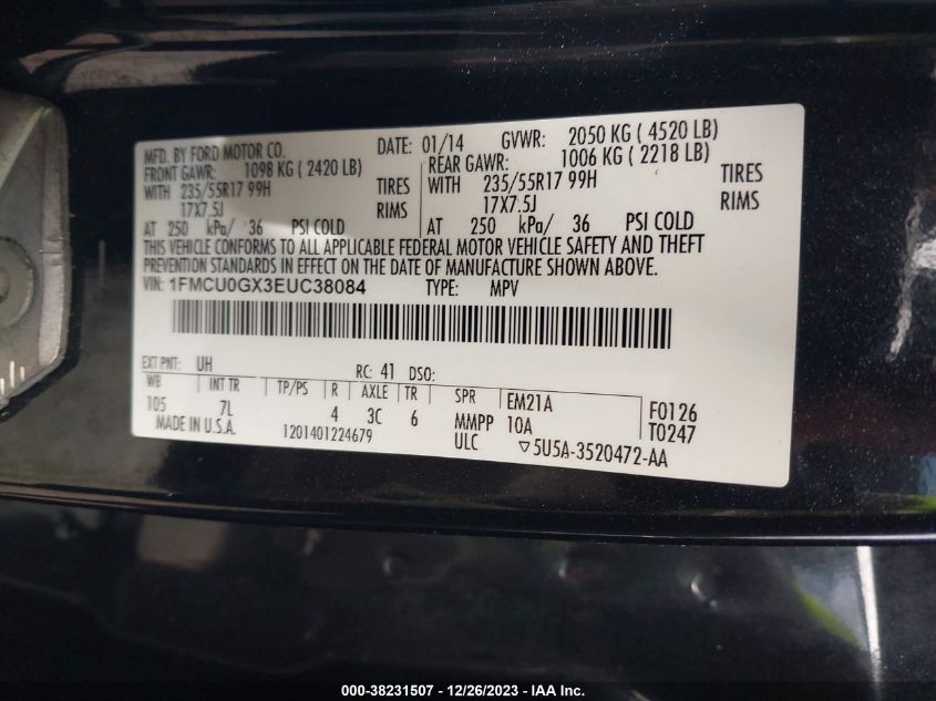 2014 Ford Escape Se VIN: 1FMCU0GX3EUC38084 Lot: 38231507