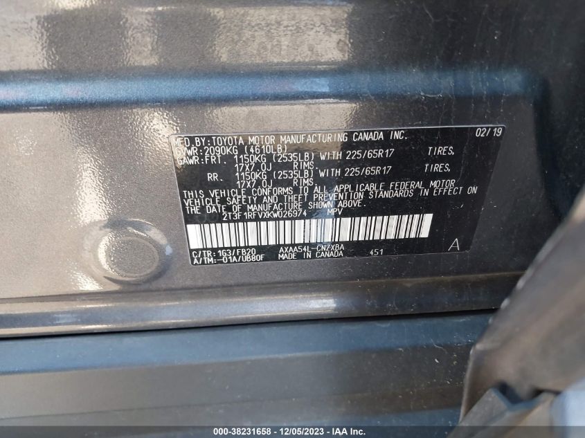 2T3F1RFVXKW026974 2019 Toyota Rav4 Le