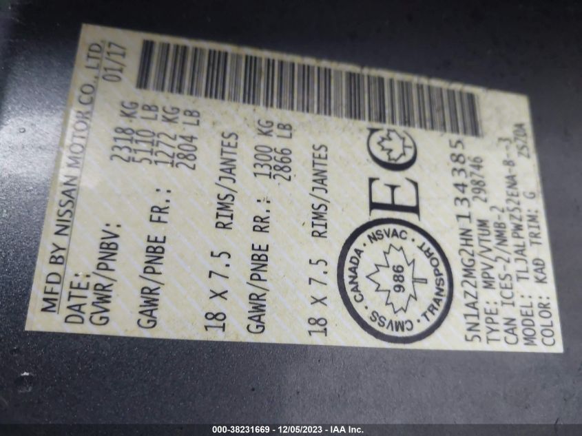 2017 Nissan Murano Platinum/S/Sv/Sl VIN: 5N1AZ2MG2HN134385 Lot: 38231669