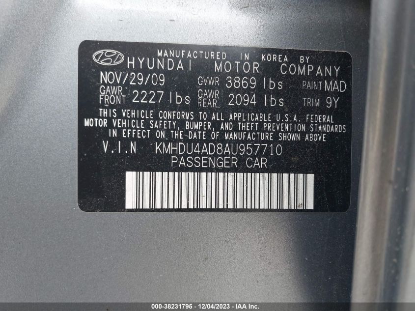 2010 Hyundai Elantra Se VIN: KMHDU4AD8AU957710 Lot: 38231795