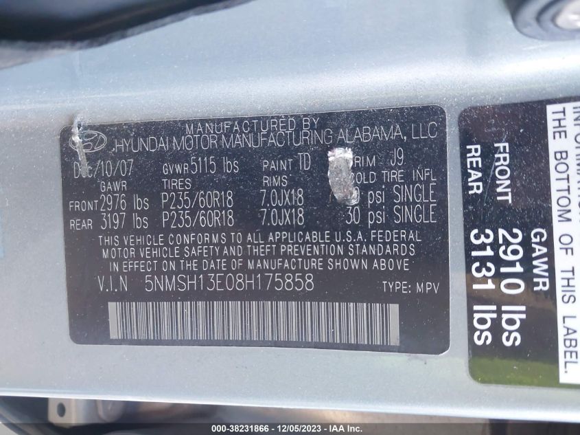 2008 Hyundai Santa Fe Limited/Se VIN: 5NMSH13E08H175858 Lot: 38231866