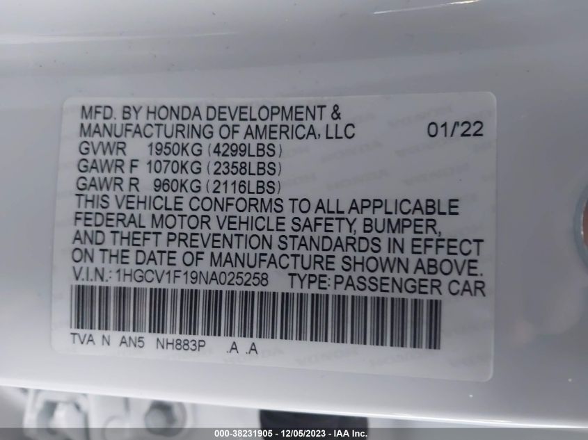 1HGCV1F19NA025258 2022 Honda Accord Lx