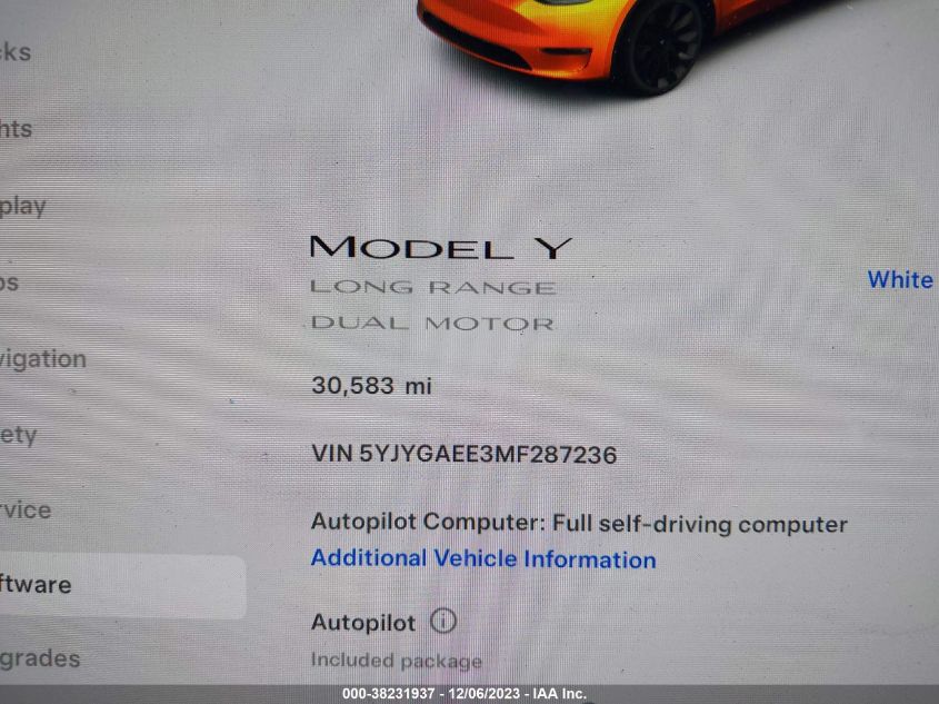 2021 Tesla Model Y Long Range Dual Motor All-Wheel Drive VIN: 5YJYGAEE3MF287236 Lot: 38231937