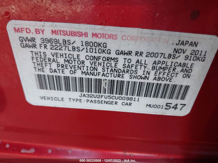 2012 Mitsubishi Lancer Es VIN: JA32U2FU5CU009811 Lot: 38233005