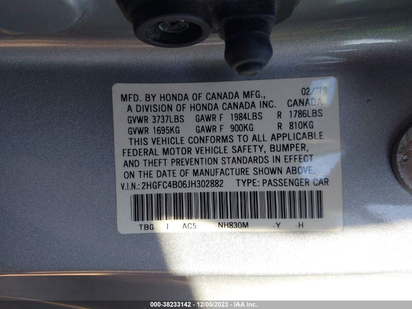 2018 Honda Civic Lx-P VIN: 2HGFC4B06JH302882 Lot: 38233142