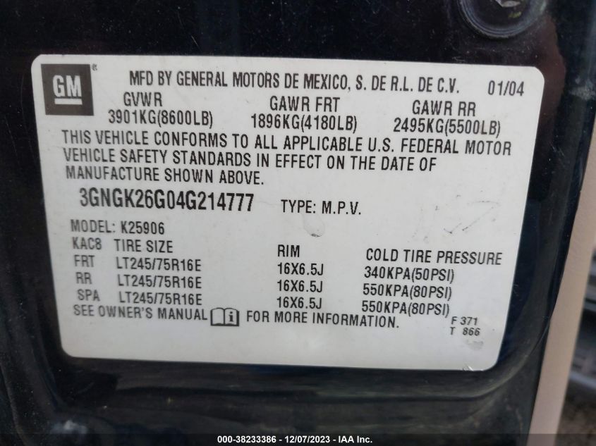 2004 Chevrolet Suburban 2500 Lt VIN: 3GNGK26G04G214777 Lot: 38233386