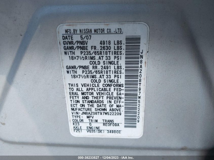 2007 Nissan Murano Sl VIN: JN8AZ08T97W522209 Lot: 38233527