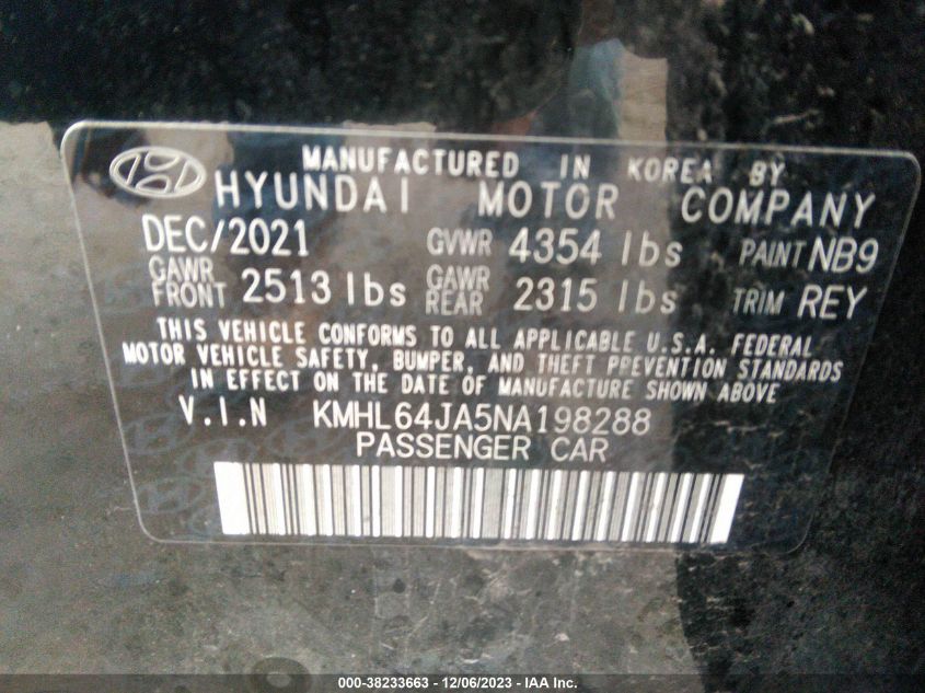 2022 Hyundai Sonata Sel VIN: KMHL64JA5NA198288 Lot: 38233663