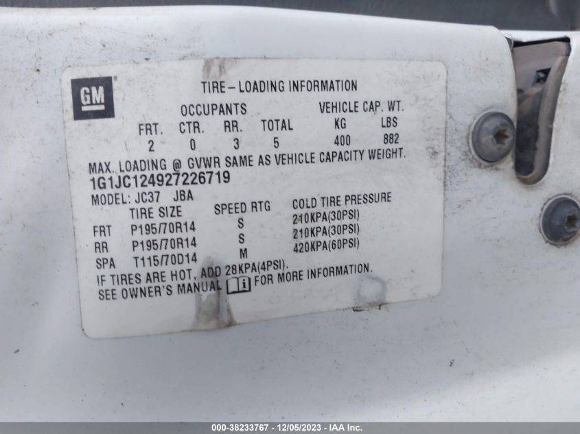 2002 Chevrolet Cavalier VIN: 1G1JC124927226719 Lot: 38233767