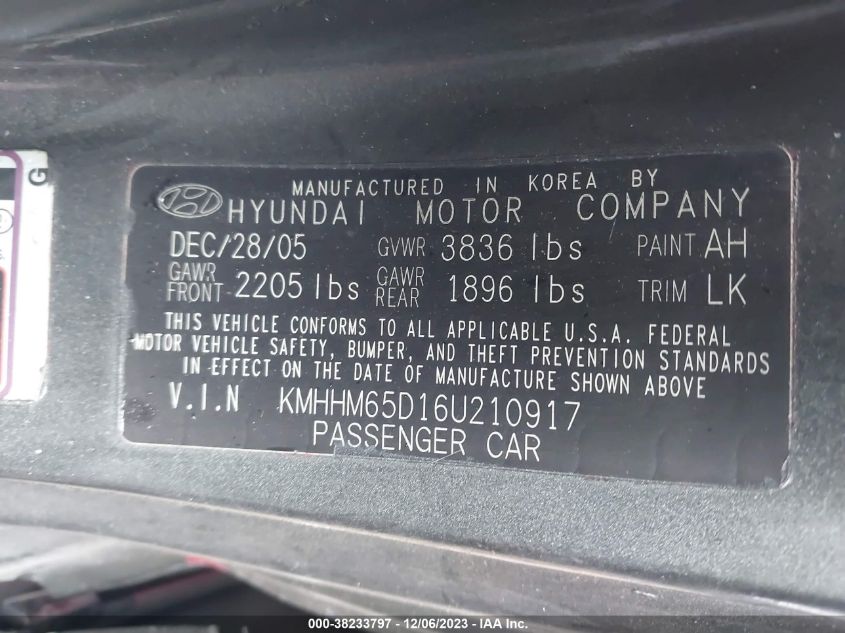 2006 Hyundai Tiburon Gs VIN: KMHHM65D16U210917 Lot: 38233797