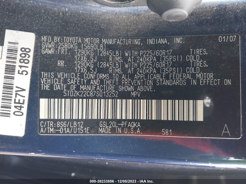 2007 Toyota Sienna Xle VIN: 5TDZK22C87S013252 Lot: 38233856