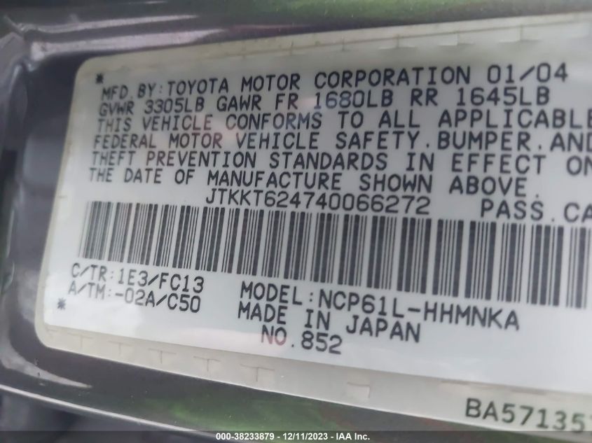 2004 Scion Xa VIN: JTKKT624740066272 Lot: 38233879