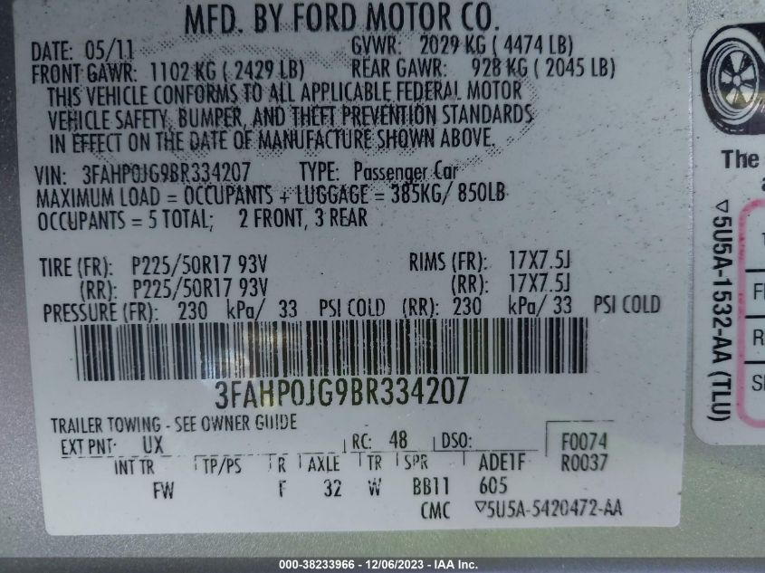 3FAHP0JG9BR334207 2011 Ford Fusion Sel