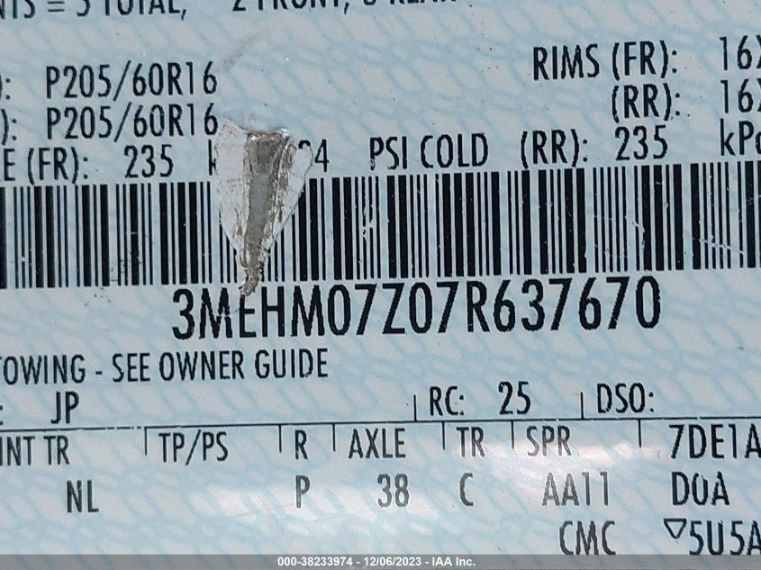 2007 Mercury Milan I4 VIN: 3MEHM07Z07R637670 Lot: 38233974