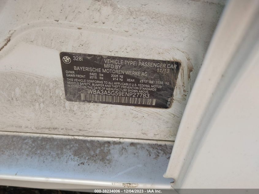 2014 BMW 328I VIN: WBA3A5G59ENP27783 Lot: 38234006