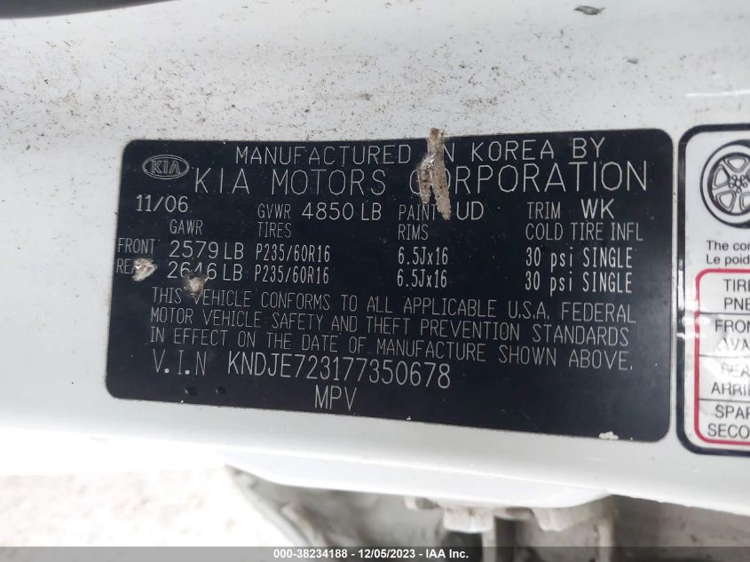 2007 Kia Sportage Lx V6 VIN: KNDJE723177350678 Lot: 38234188