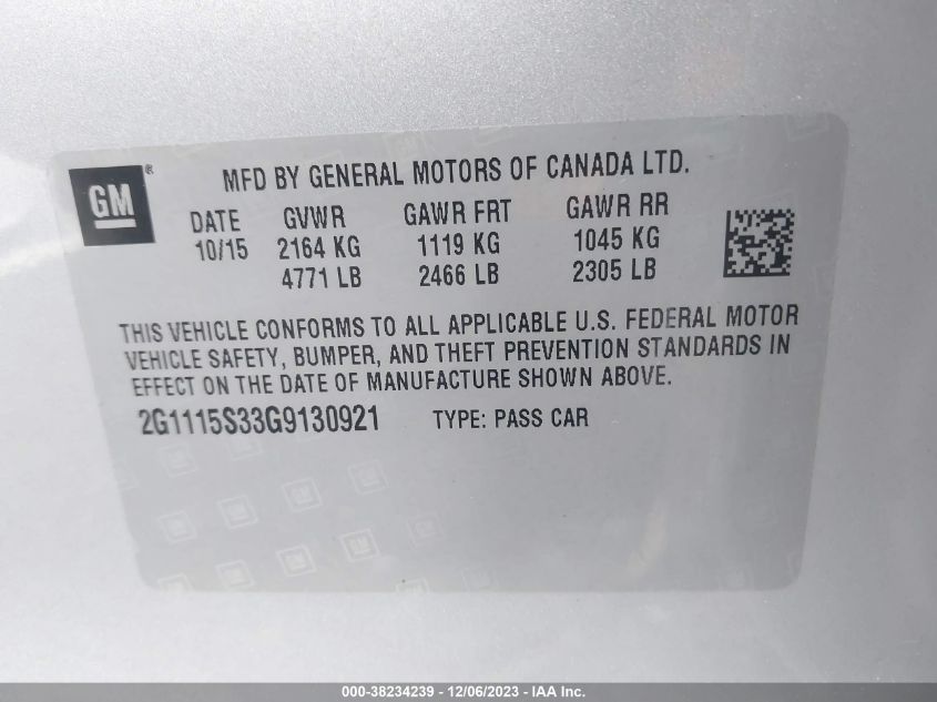 2016 Chevrolet Impala 2Lt VIN: 2G1115S33G9130921 Lot: 38234239