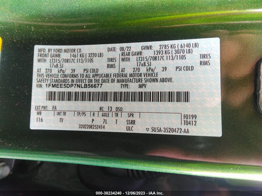2022 Ford Bronco Wildtrak VIN: 1FMEE5DP7NLB56677 Lot: 38234240