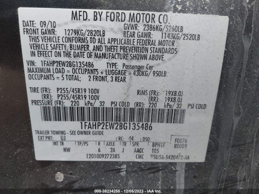 1FAHP2EW2BG135486 2011 Ford Taurus Sel