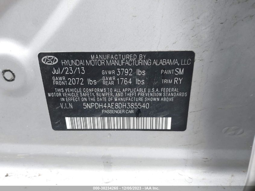 2013 Hyundai Elantra Limited VIN: 5NPDH4AE8DH385540 Lot: 38234265