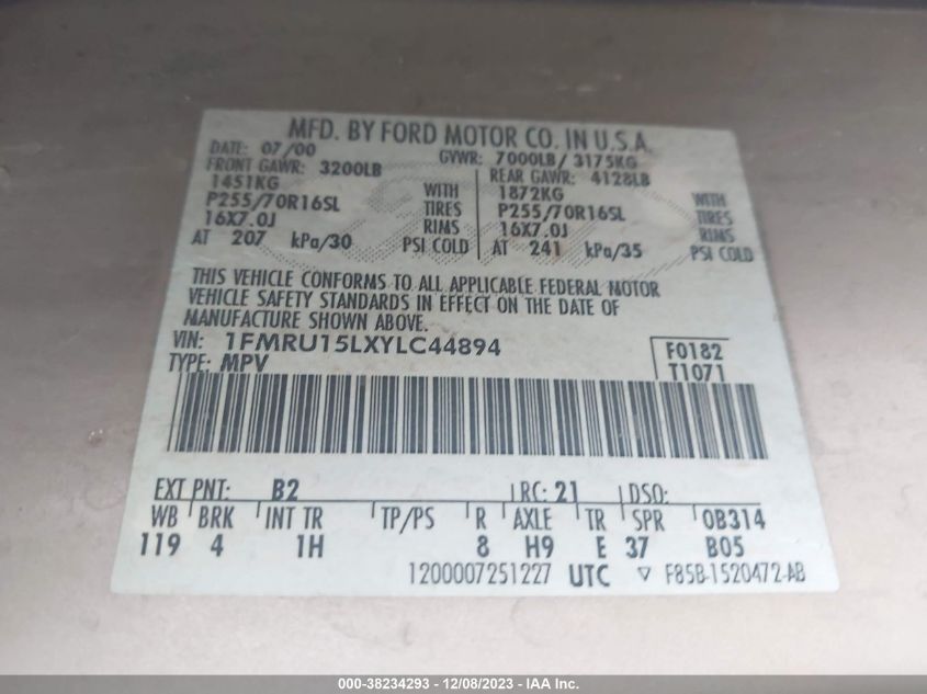 1FMRU15LXYLC44894 2000 Ford Expedition Xlt