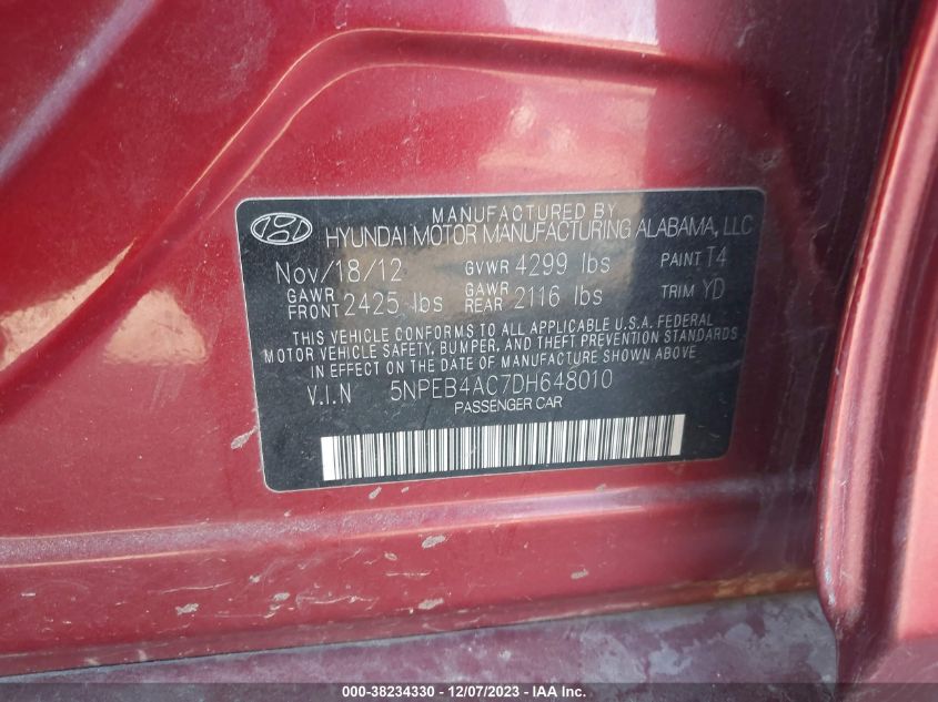 5NPEB4AC7DH648010 2013 Hyundai Sonata Gls