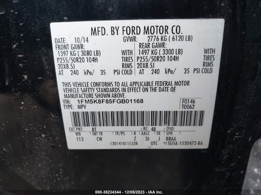 2015 Ford Explorer Limited VIN: 1FM5K8F85FGB01168 Lot: 38234344