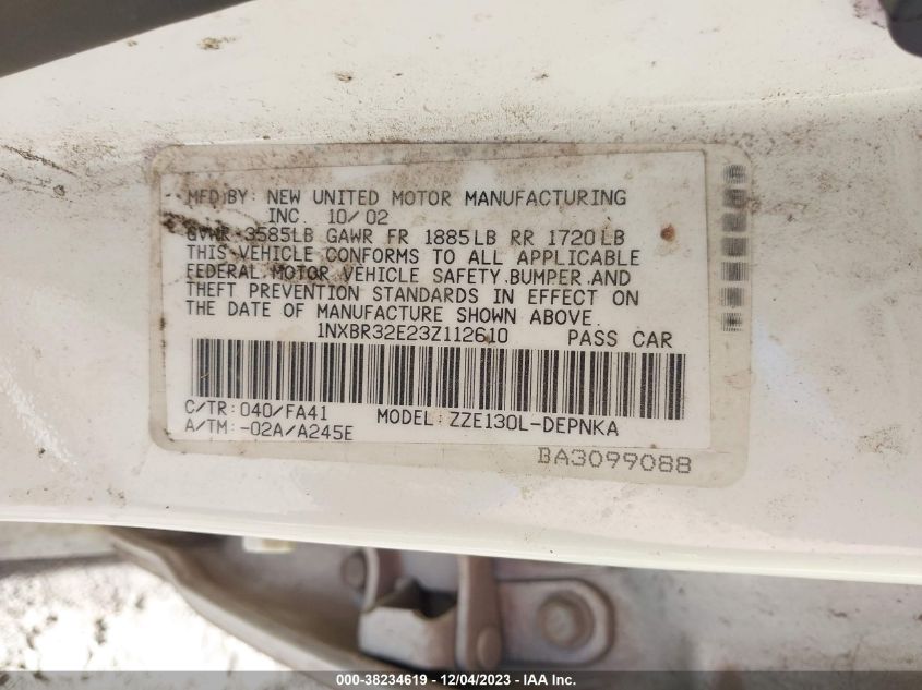 2003 Toyota Corolla Le VIN: 1NXBR32E23Z112610 Lot: 38234619